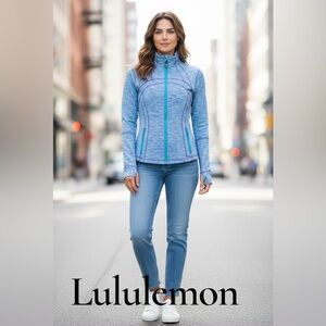 Lululemon Athletica define jacket in a blue multicolour space dye Jacard pattern
